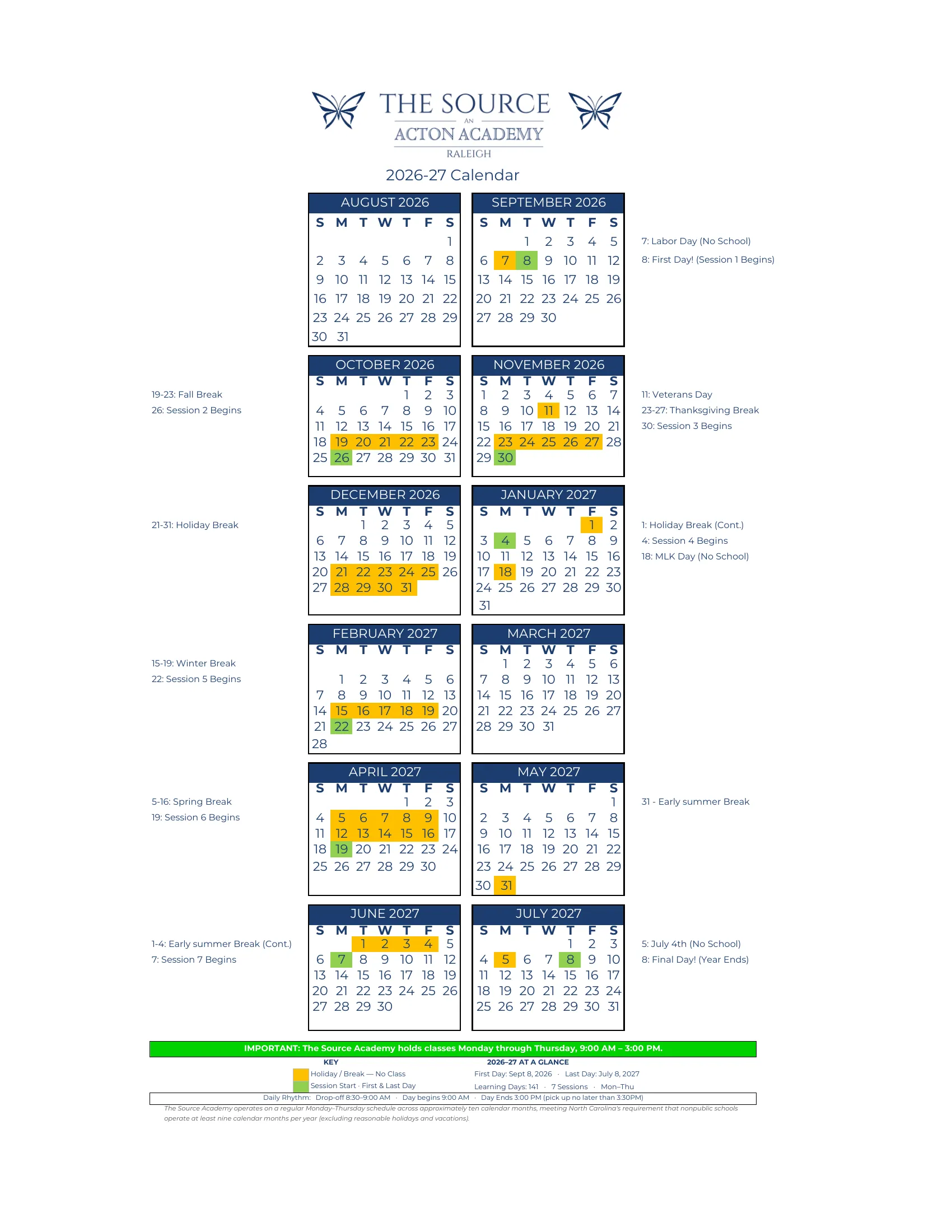 The Source Academy 2026-27 school calendar